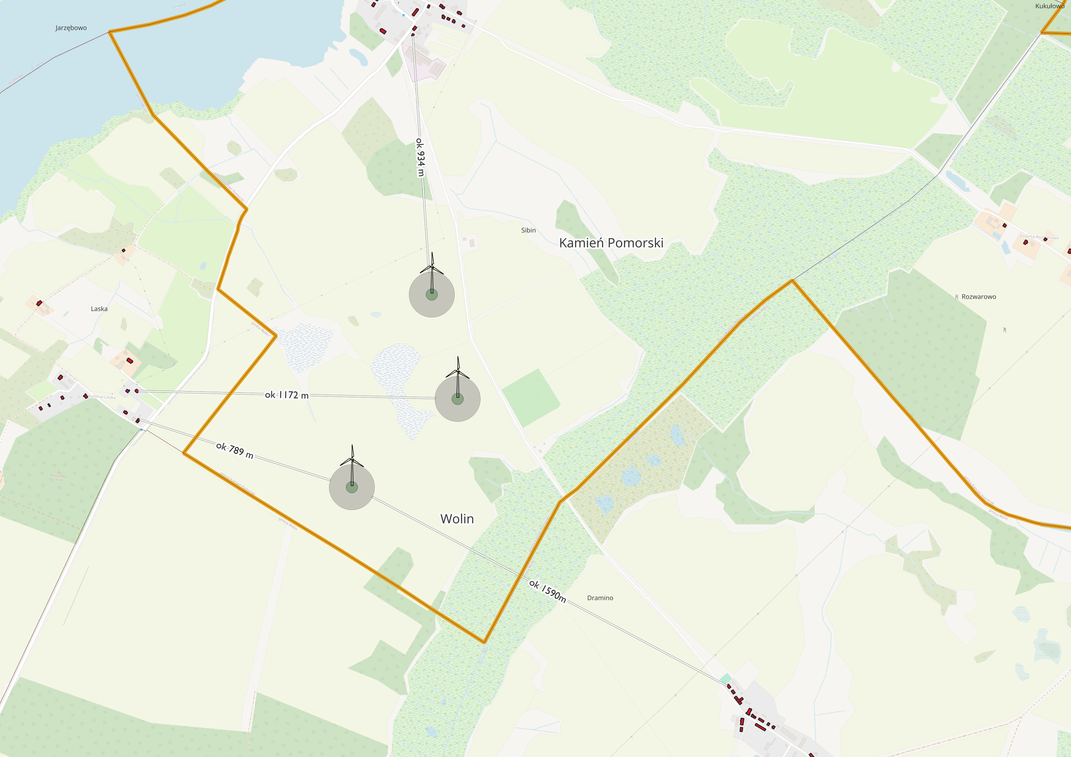 Mapa lokalizacji turbin wiatrowych w sołectwie Sibin z zaznaczonymi odległościami od zabudowań